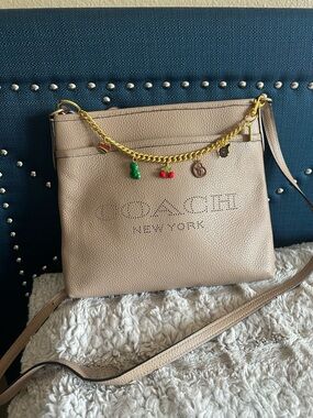 Coach Pebbled Leather Crossbody in Beige with Gold Charm Chain